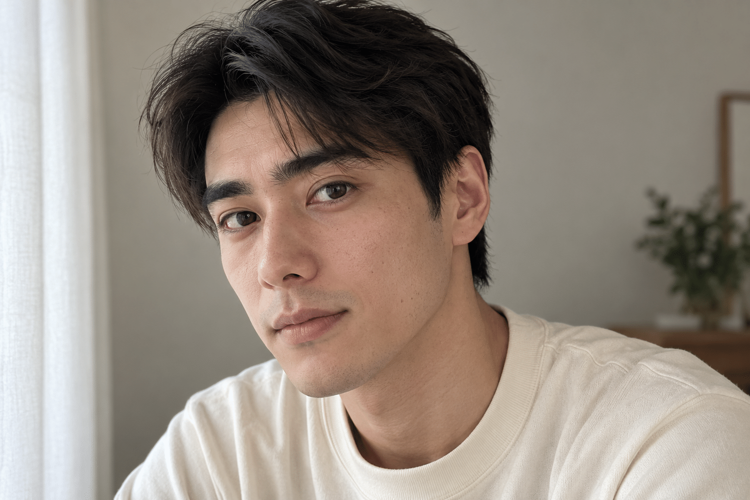 自然な太さを残して眉を整えた成人男性