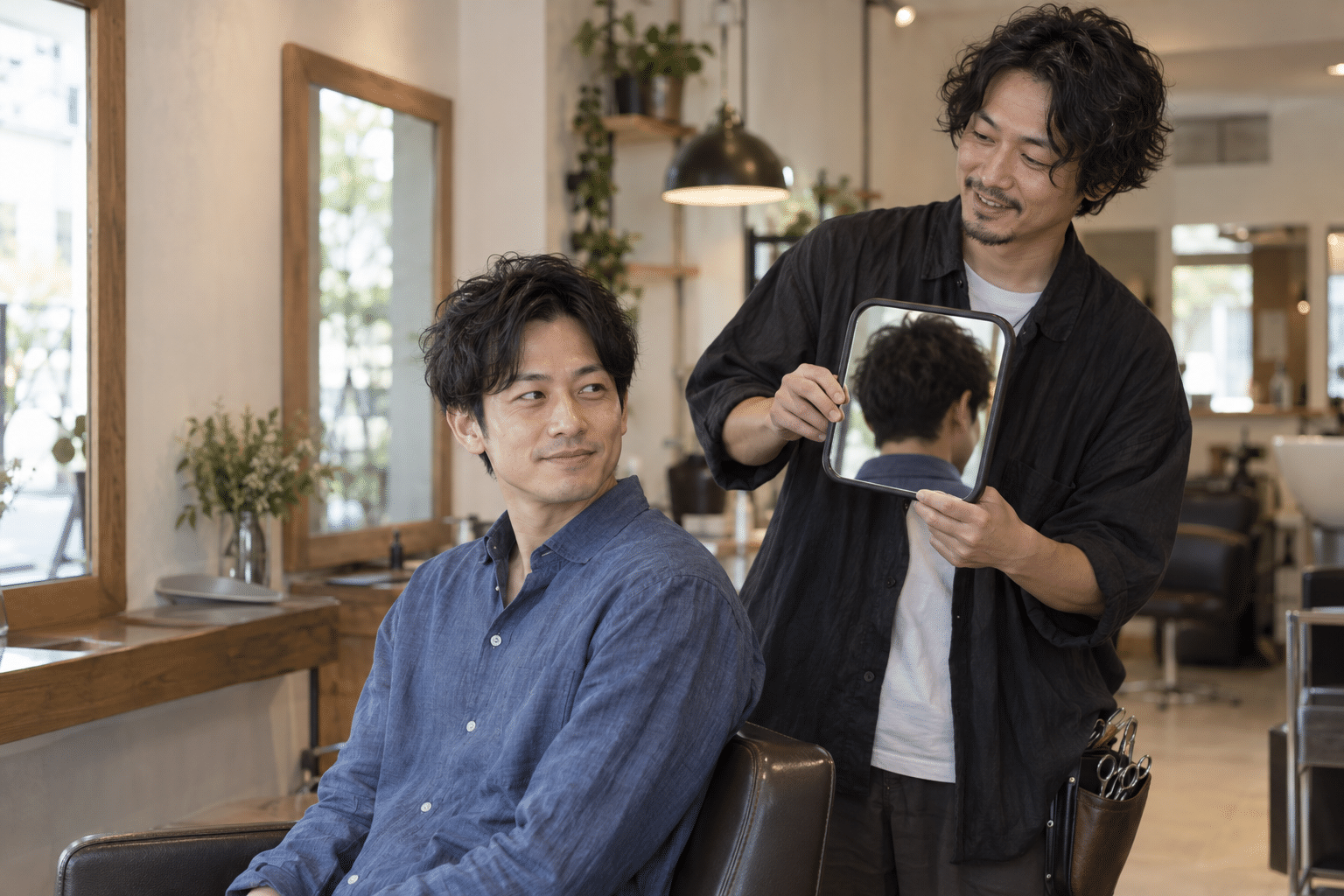 美容師と髪型を相談する男性