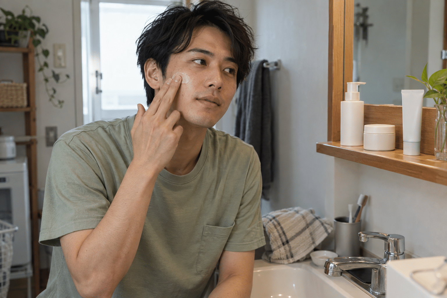 洗顔後に保湿剤を塗る男性