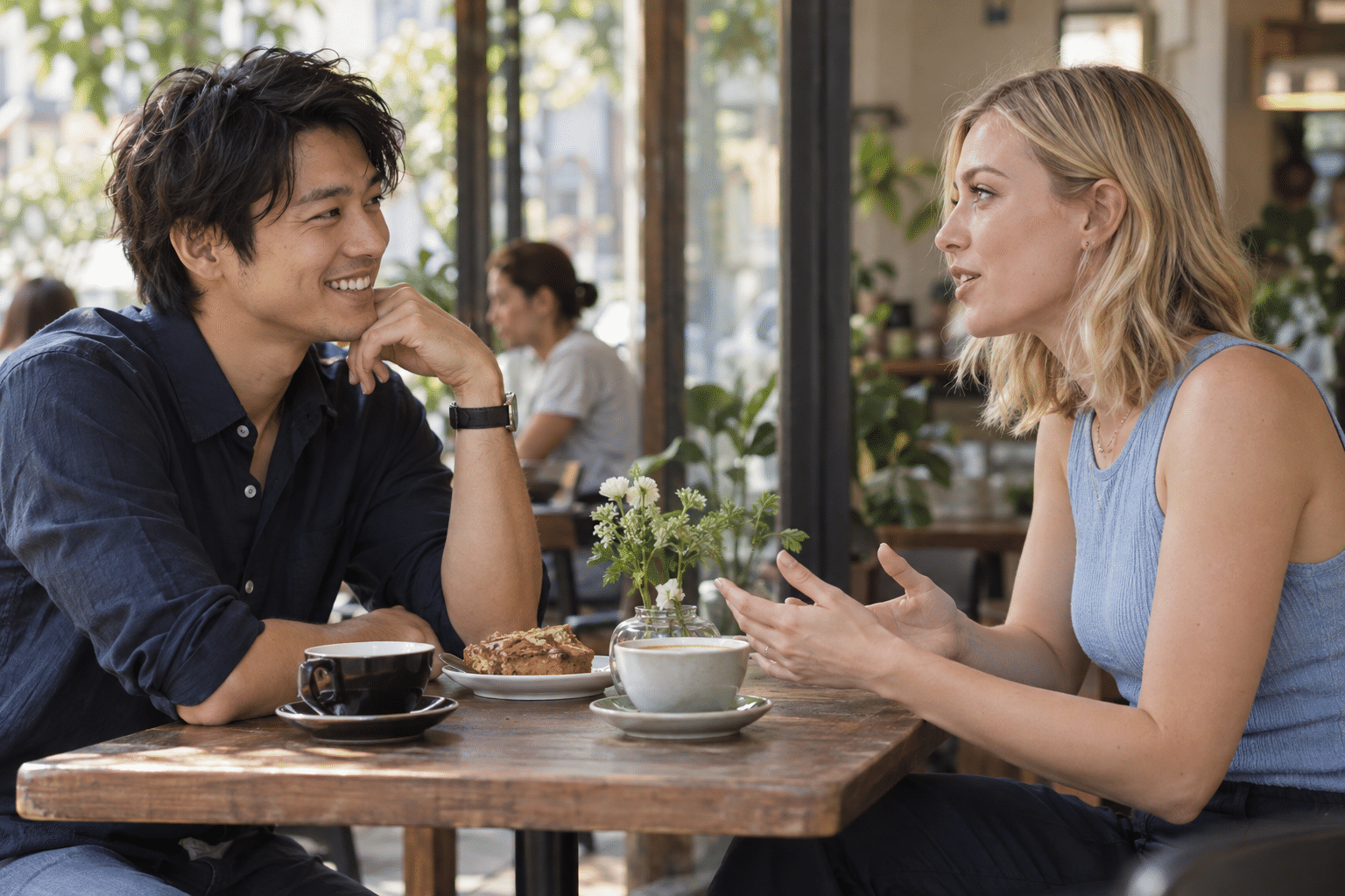 カフェで笑顔を見せながら会話する男女