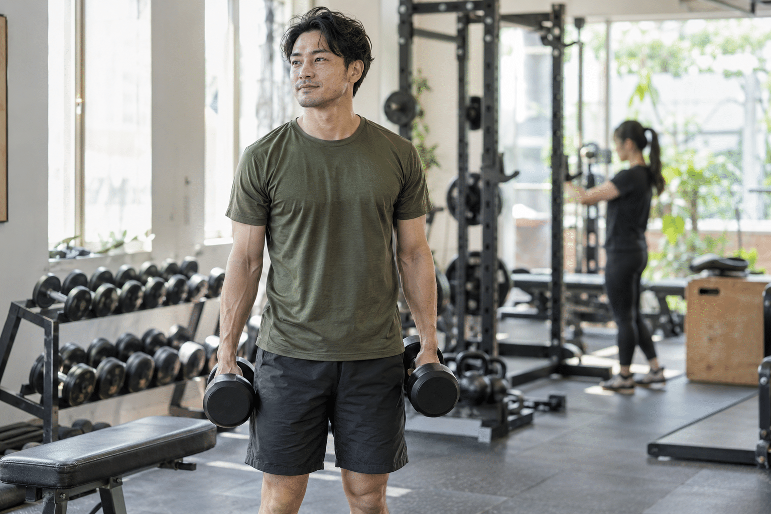 ジムで無理のない重さのダンベルを使う男性