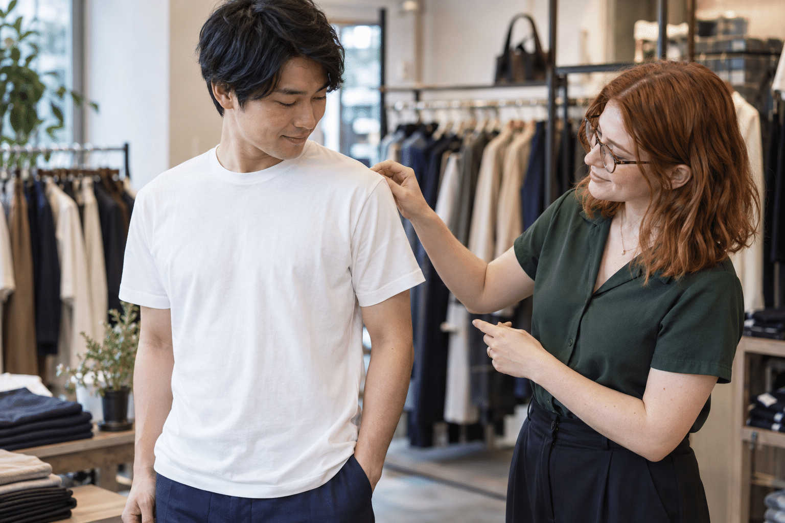 白いTシャツのサイズ感を確認する男性