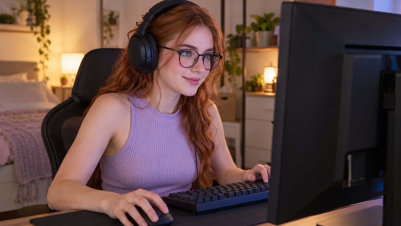 ヘッドセットを着けてゲームを楽しむ女性
