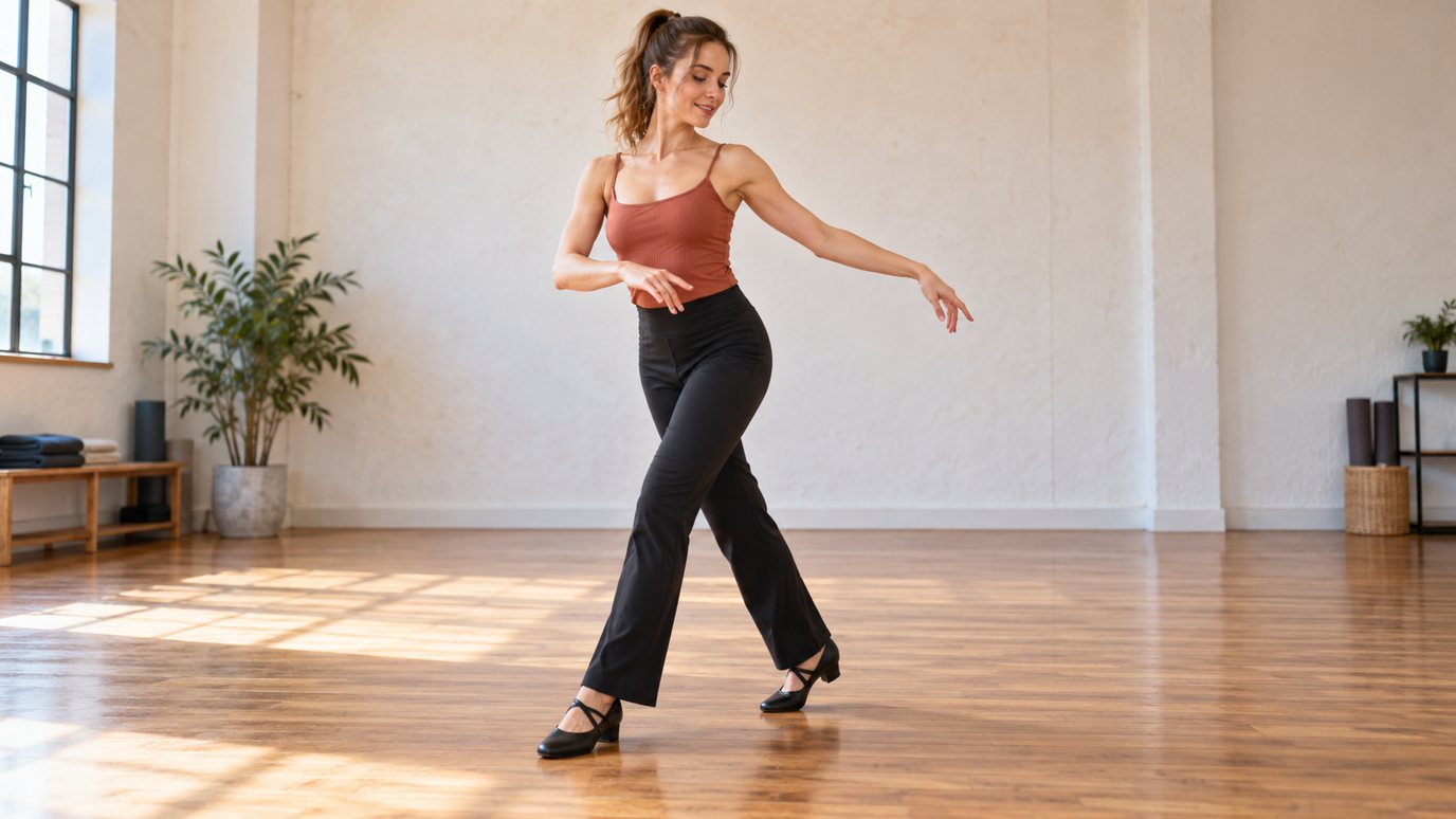 ダンススタジオで一人でステップを練習する女性