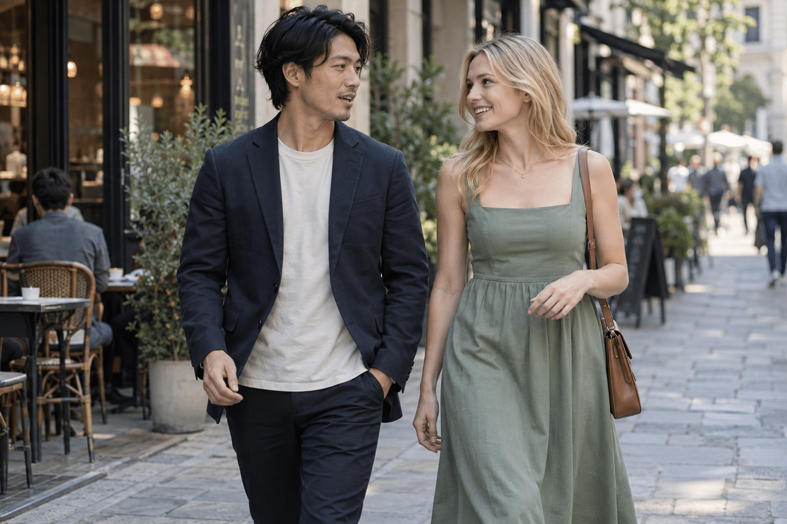 落ち着いた服装でカフェのある街を歩く成人の男女