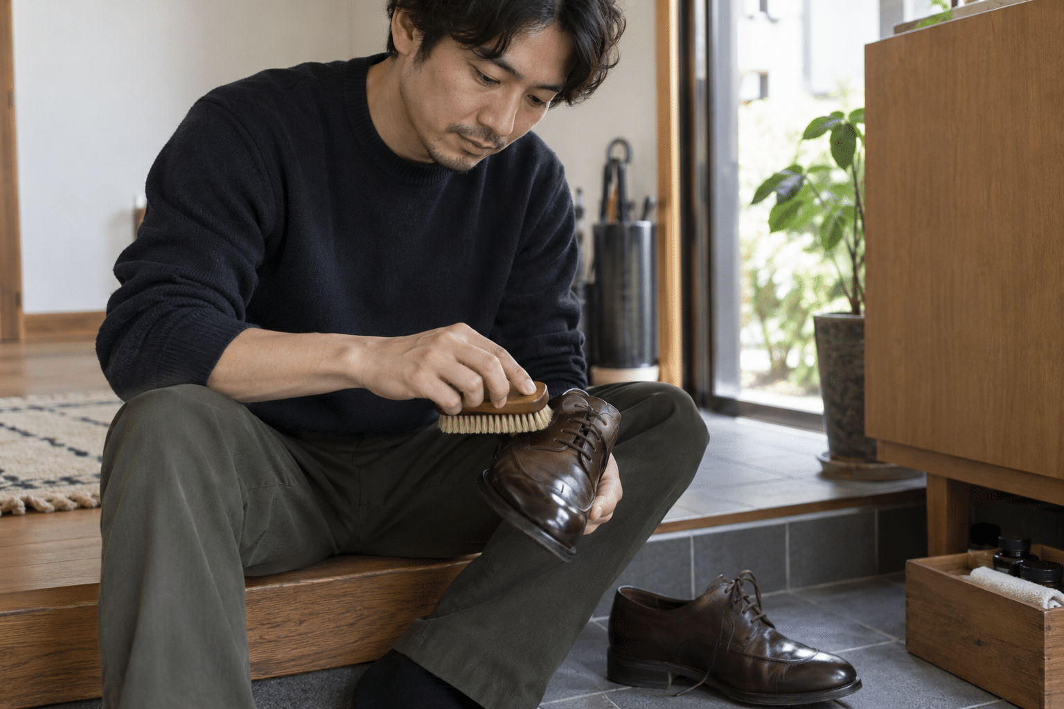 玄関で革靴にブラシをかける男性
