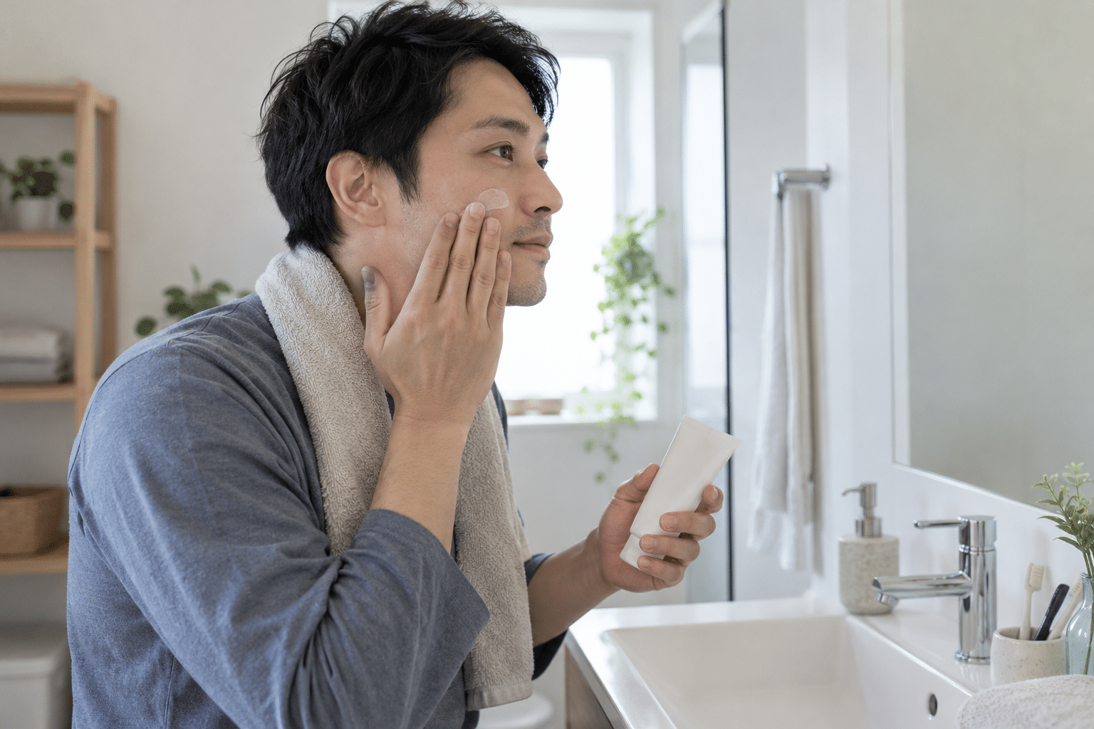 洗面所で頬に保湿剤をなじませる男性