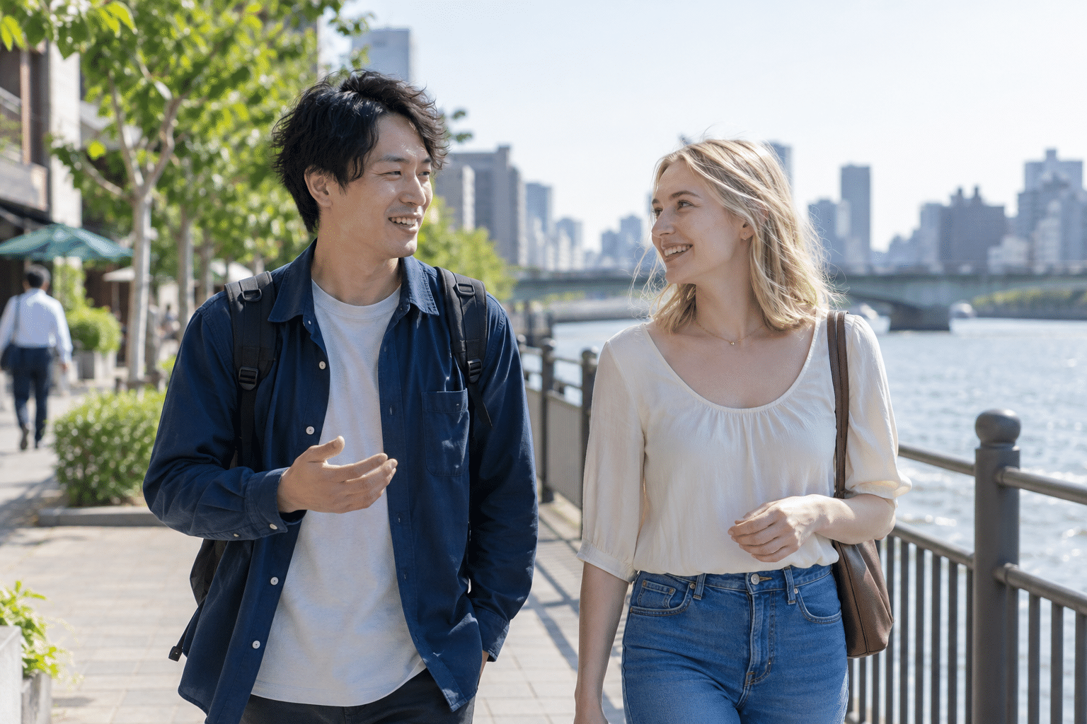 川沿いを一緒に歩く成人の男女