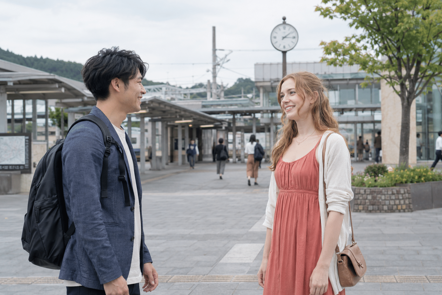 駅で待ち合わせをする男女