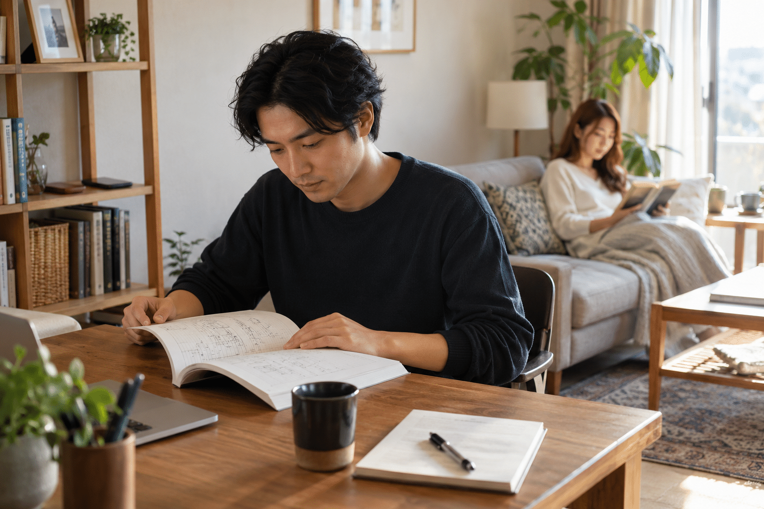 各自の読書や勉強の時間を持つ男女
