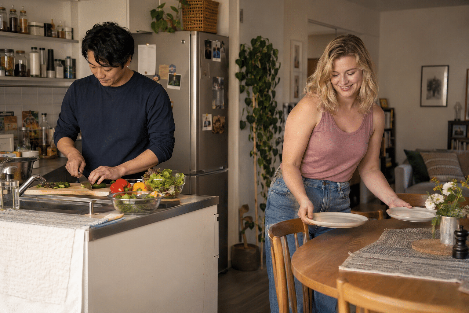 料理と食卓の準備を分担する男女