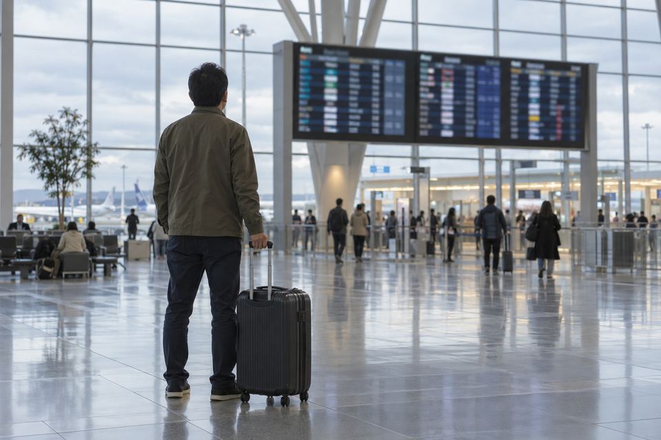 空港の出発ロビーで案内表示の前に立ち止まる男性