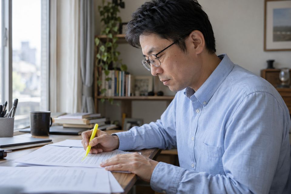契約書に蛍光ペンで線を引きながら読み込む男性