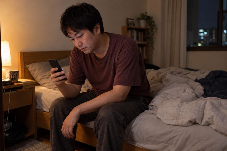 夜の寝室でスマートフォンの長い文章を読む男性