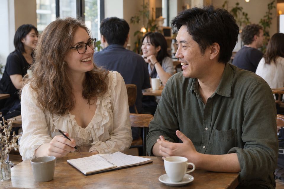 カフェの語学交換で笑いながら話す眼鏡の女性と日本人男性