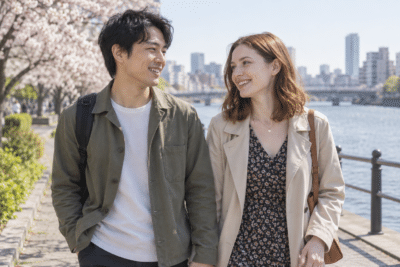 笑顔で散歩する成人の日本人男性と白人女性