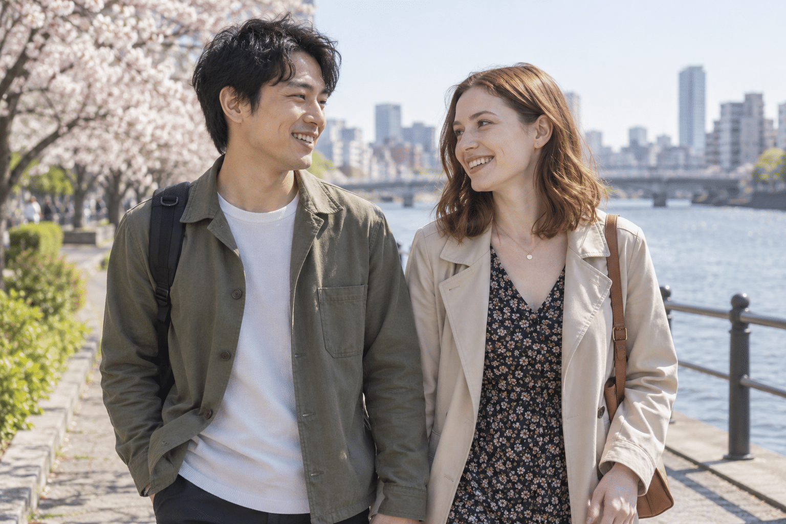 笑顔で散歩する成人の日本人男性と白人女性