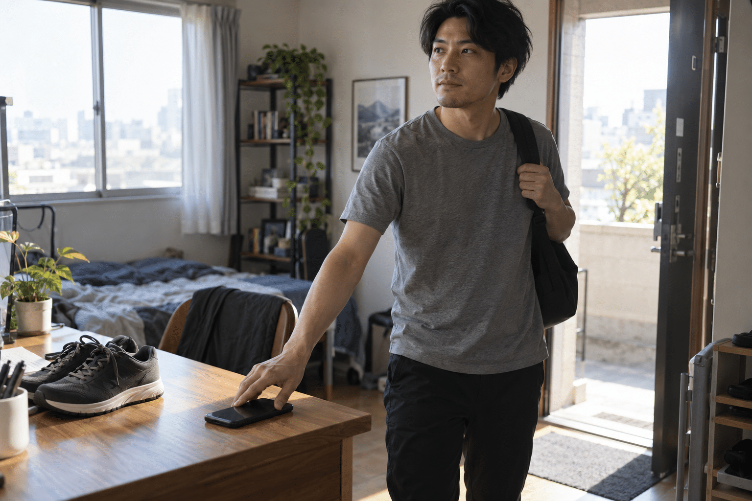 スマホを置いて外出の準備をする男性