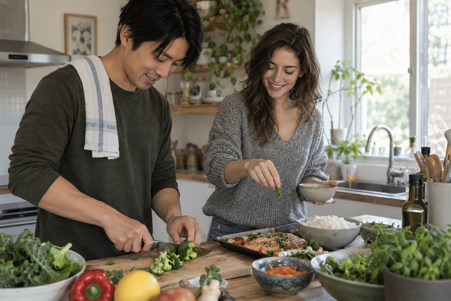 野菜や魚を使って一緒に食事を作る男女