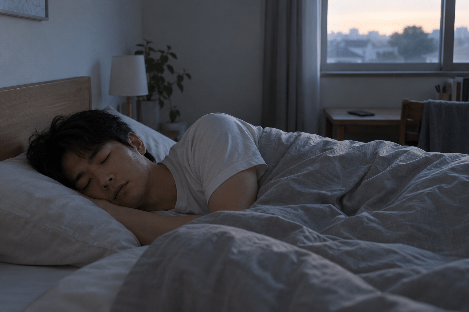 寝室で十分な休息を取る男性