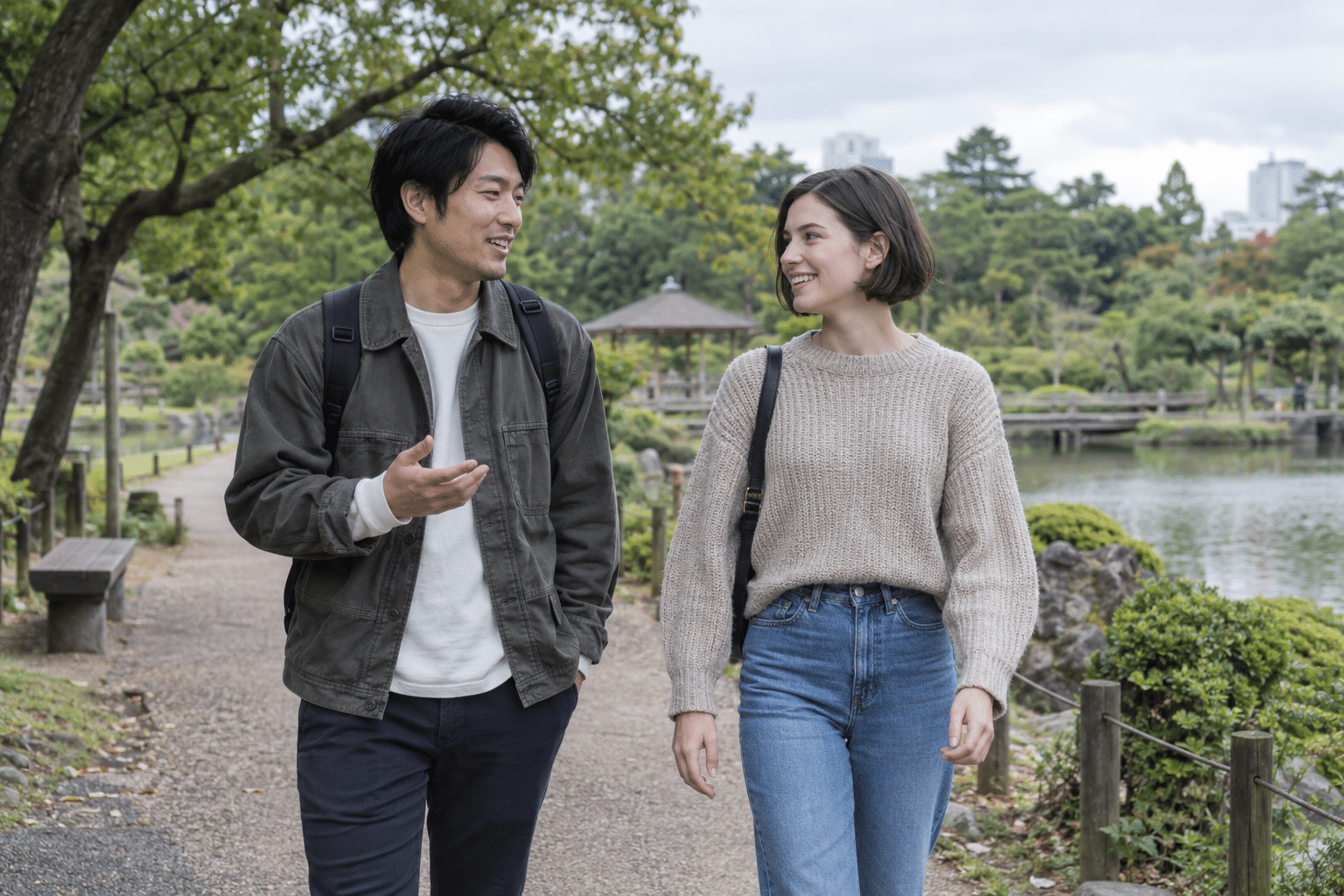 公園で落ち着いて会話する男女