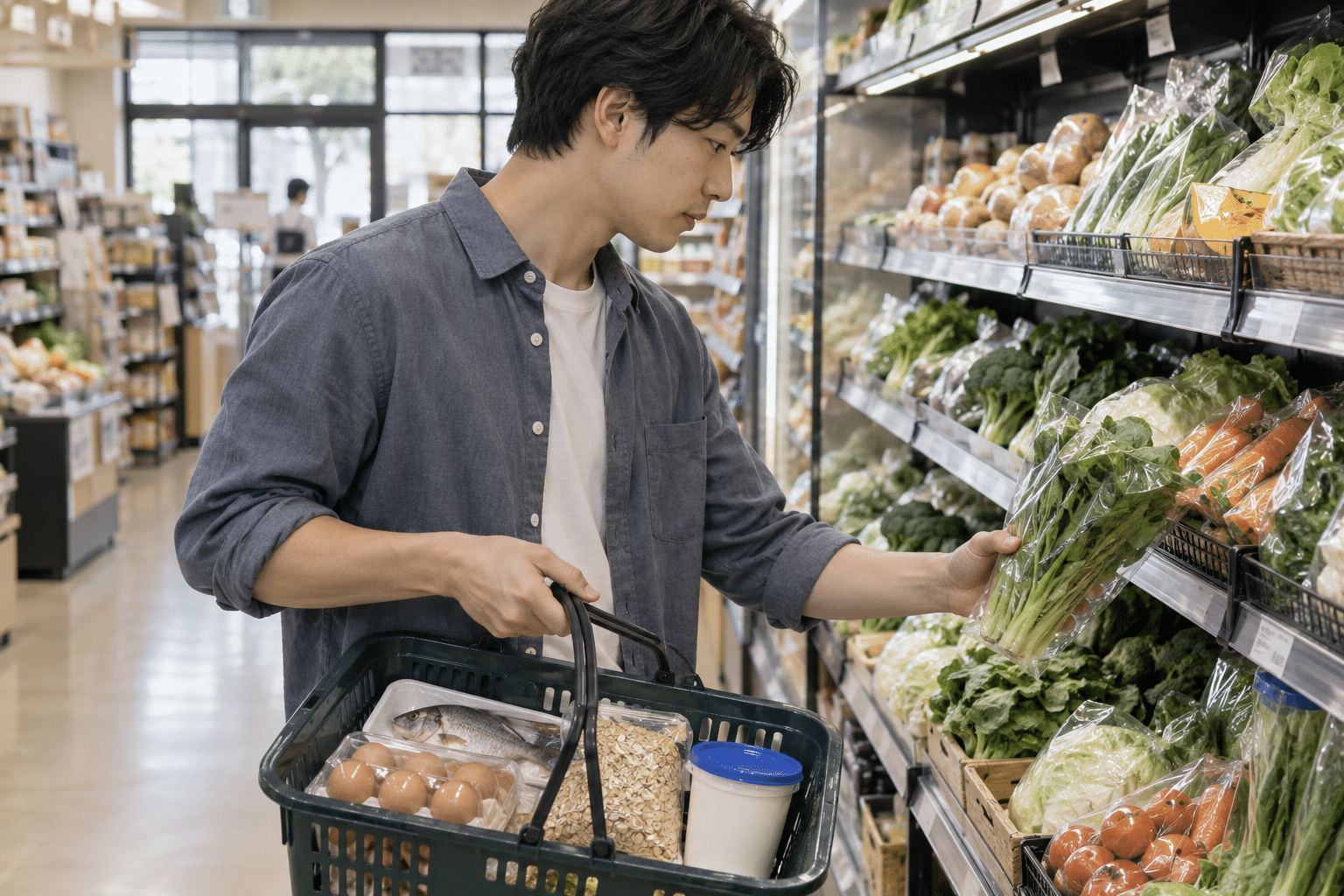 野菜や卵などを選ぶ男性